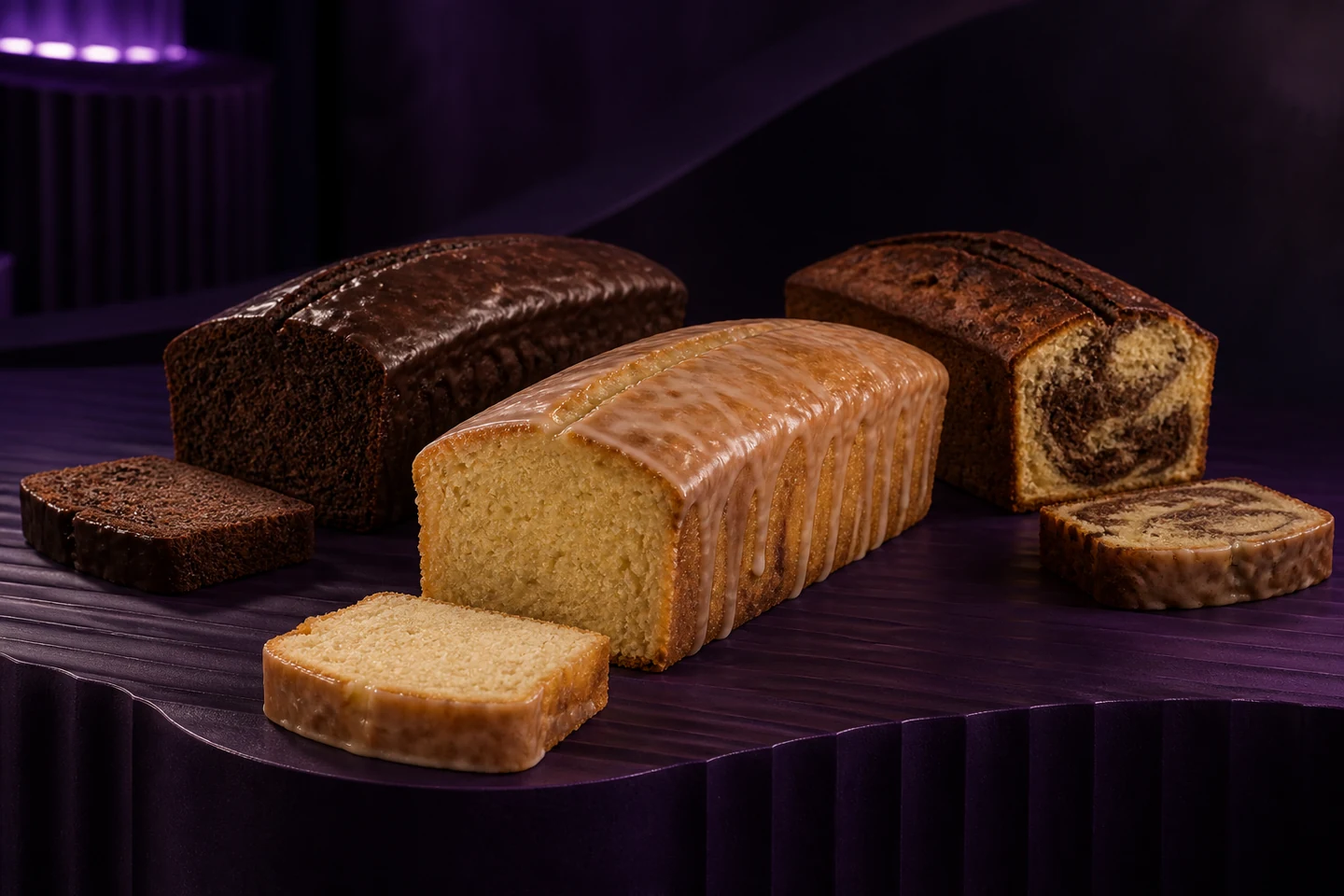 Budines vegetales de chocolate, glaseado y marmolado sobre un mostrador violeta