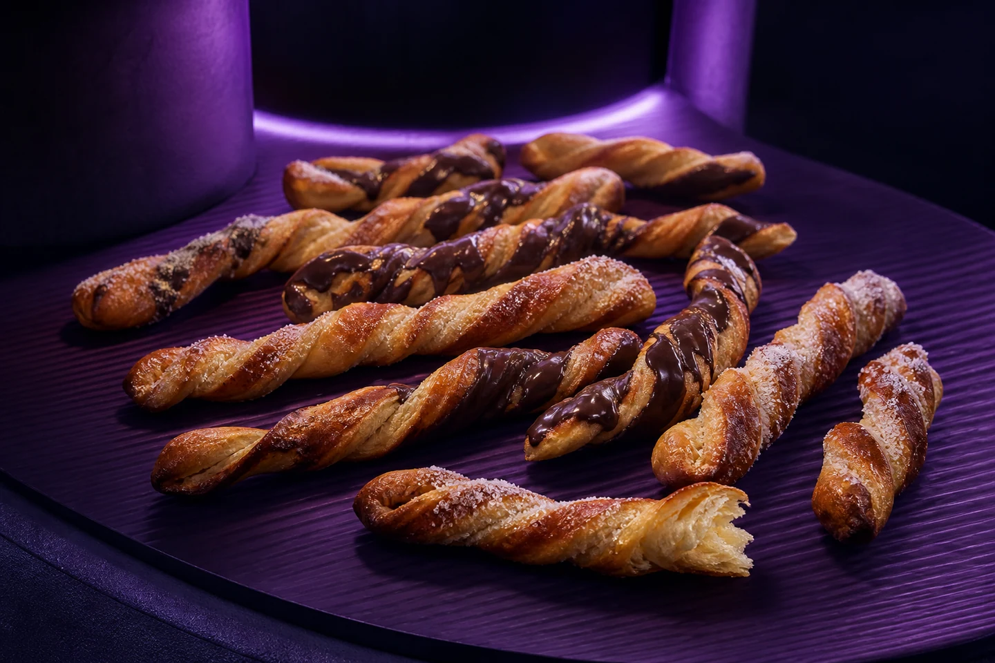 Churrinches vegetales trenzados con azúcar y chocolate sobre un mostrador violeta