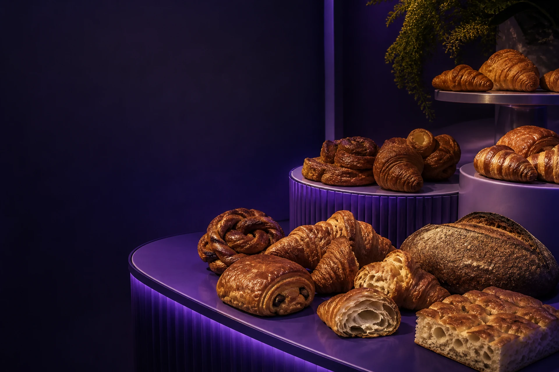 Panes, croissants y pastelería vegetal sobre un mostrador violeta